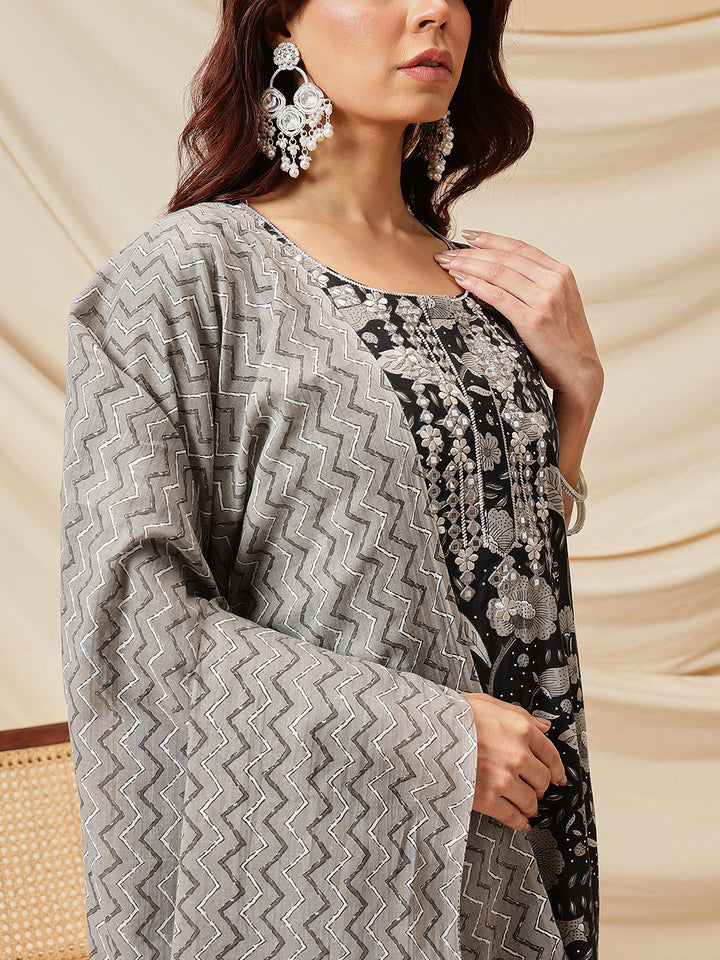 Black Embroidered Floral Printed Cotton Suit Set
