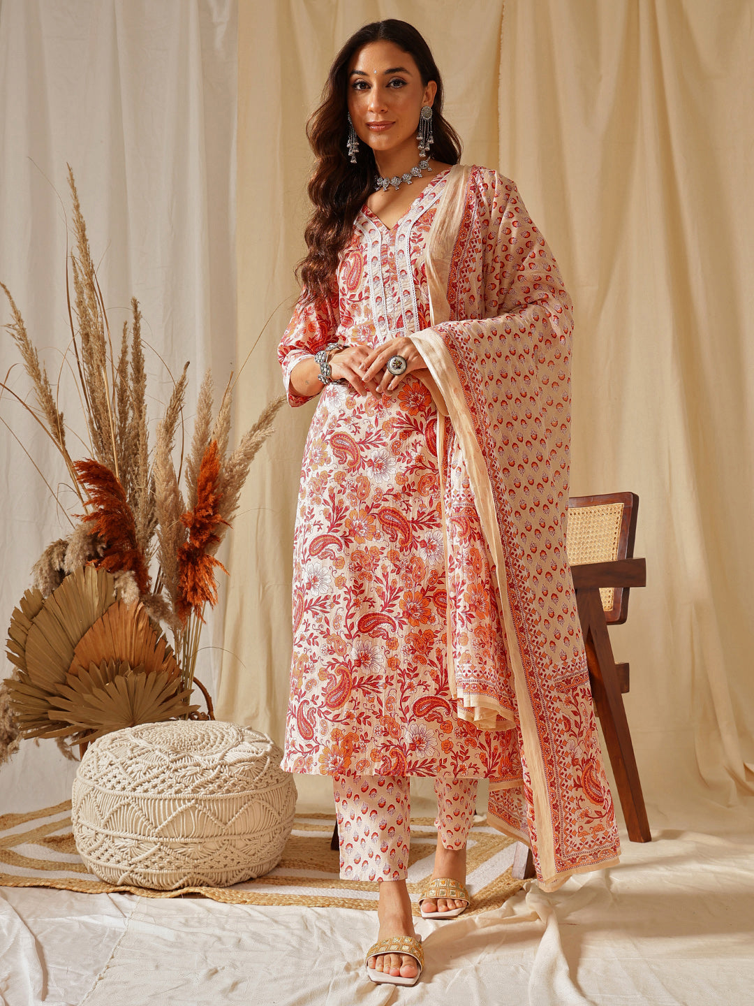 Beige And Orange Floral Printed Cotton Suit Set