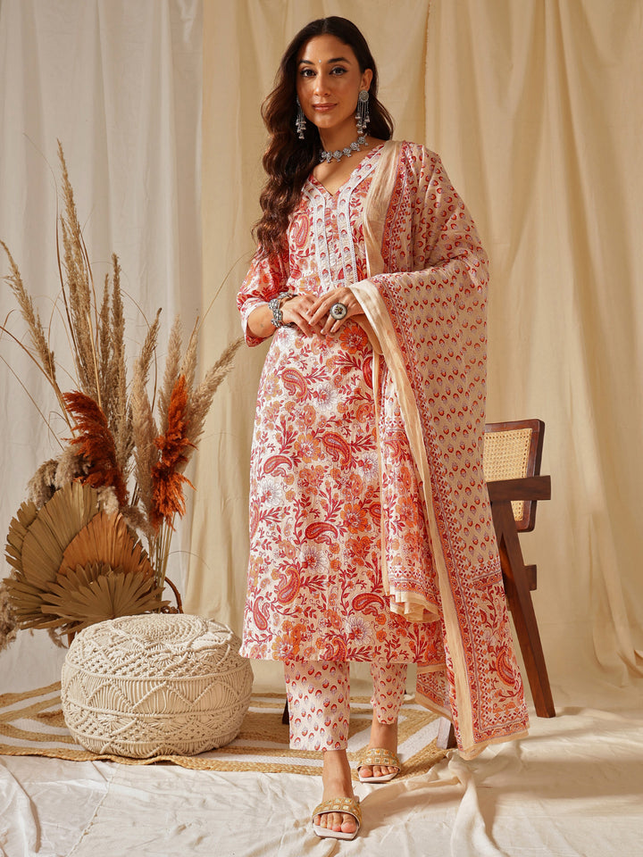 Beige And Orange Floral Printed Cotton Suit Set