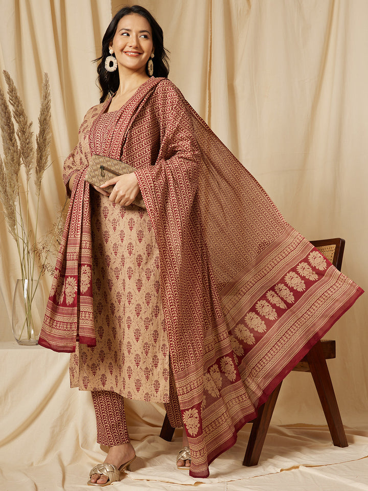 Beige And Maroon Ethnic Motifs Printed Cotton Suit Set