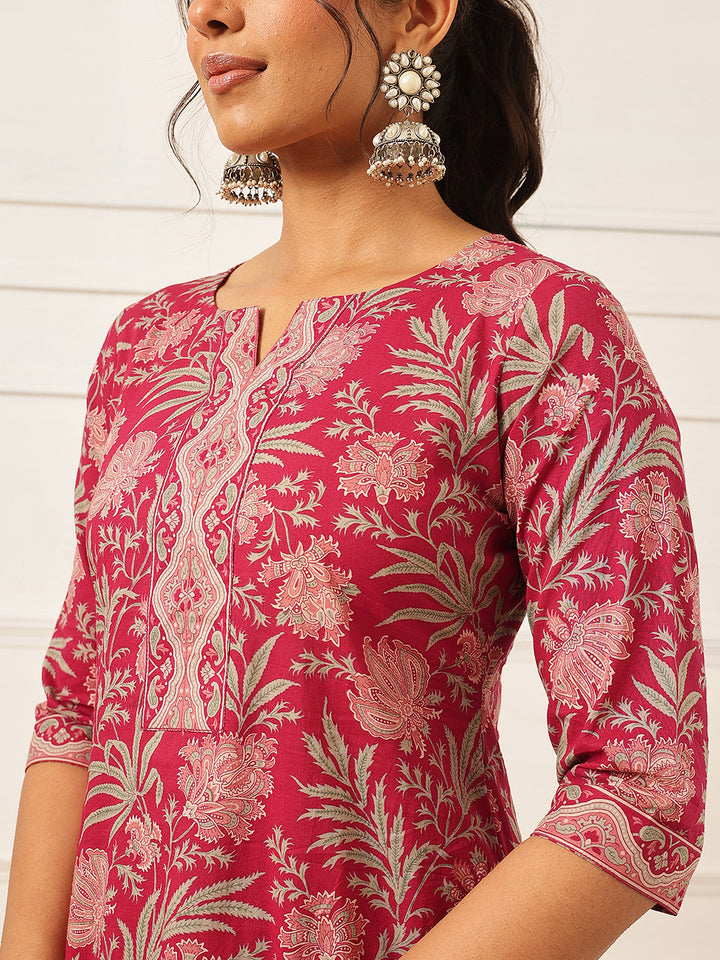 Pink V Neck Printed Cotton Suit Set