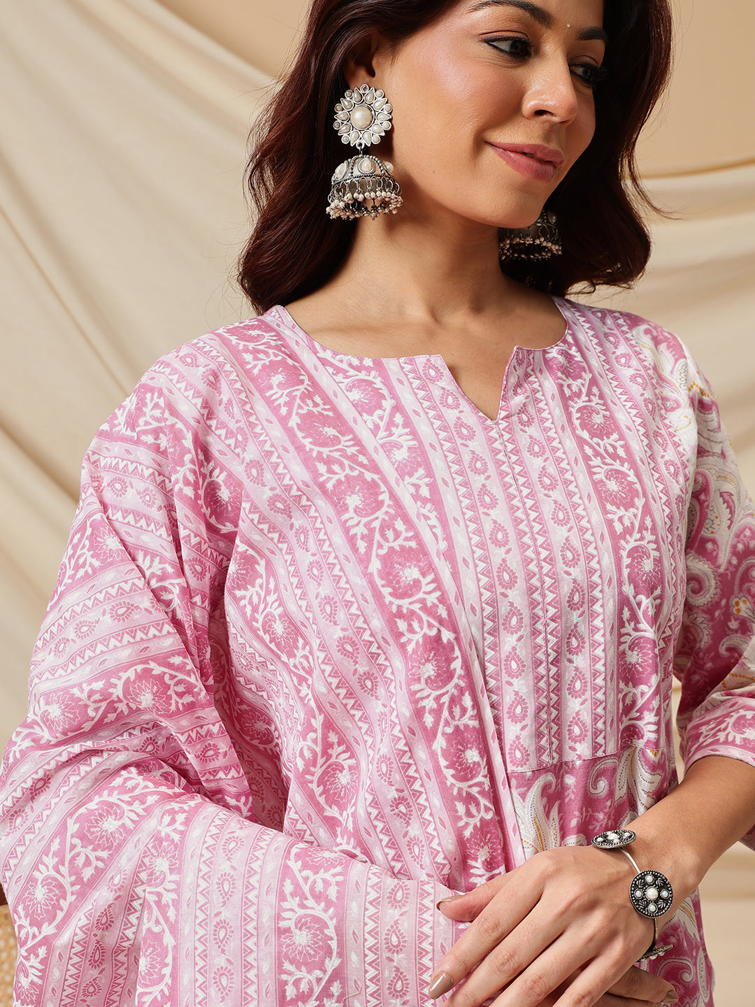 Pink Ethnic Motif Printed Cotton Suit Set