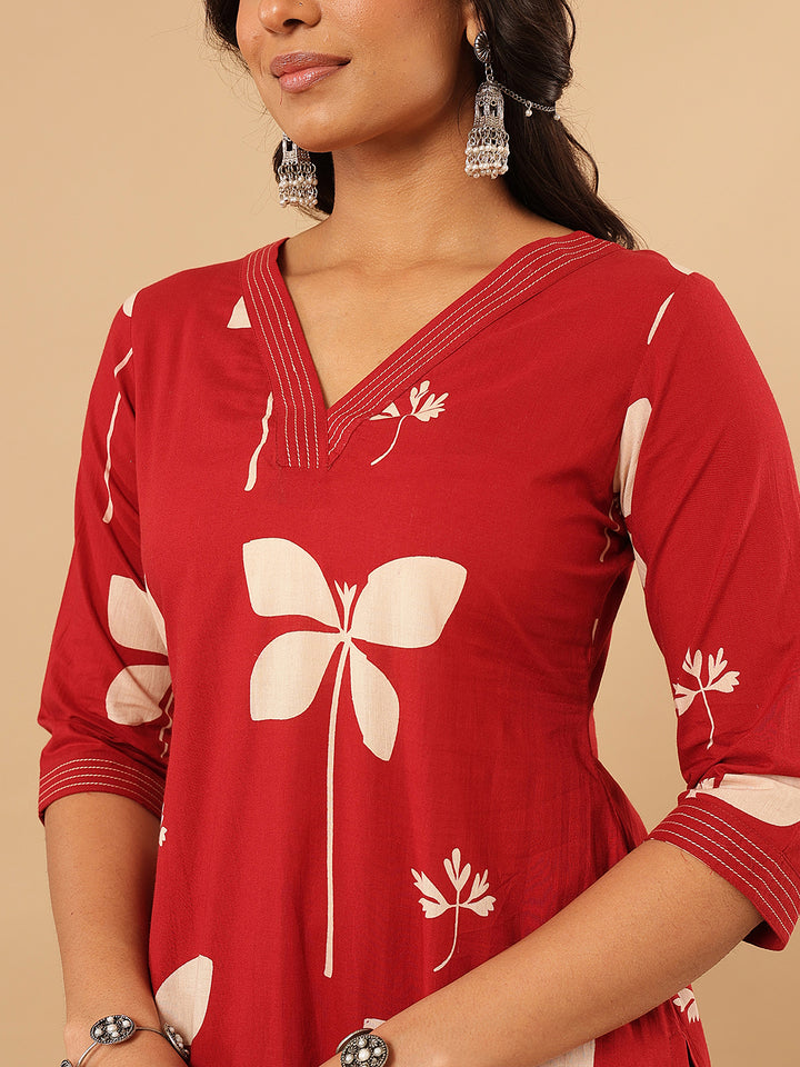 Red Printed Cotton Suit Set