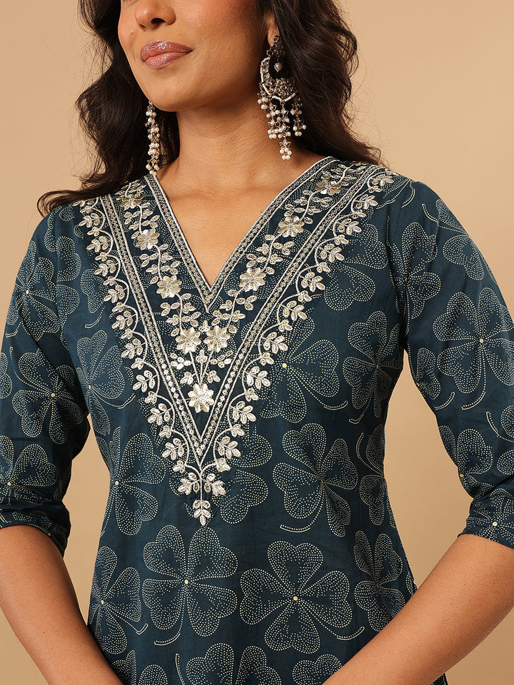 Teal Embroidered Cotton Suit Set
