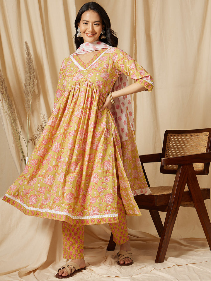 Yellow Gathered Floral Printed Cotton Suit Set