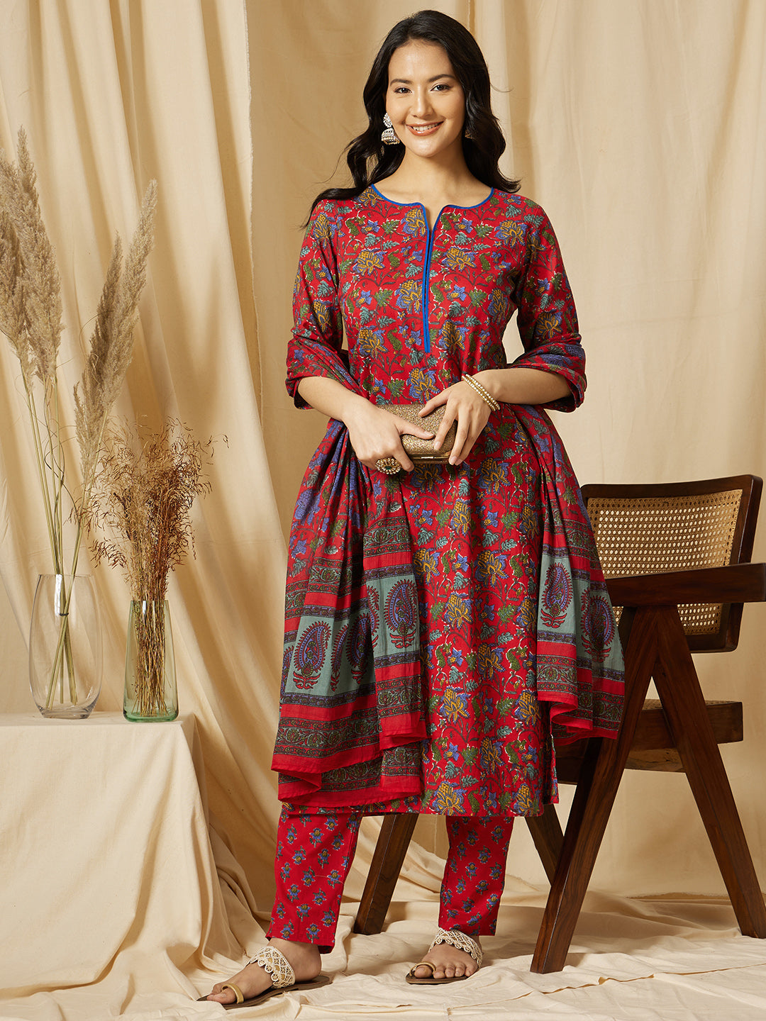 Red Floral Printed Cotton Suit Set