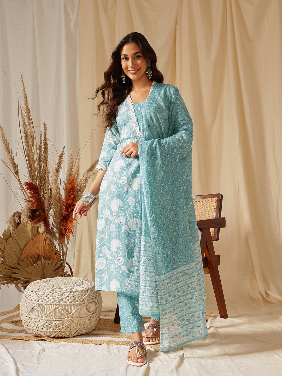 Blue Floral Printed Cotton Suit Set