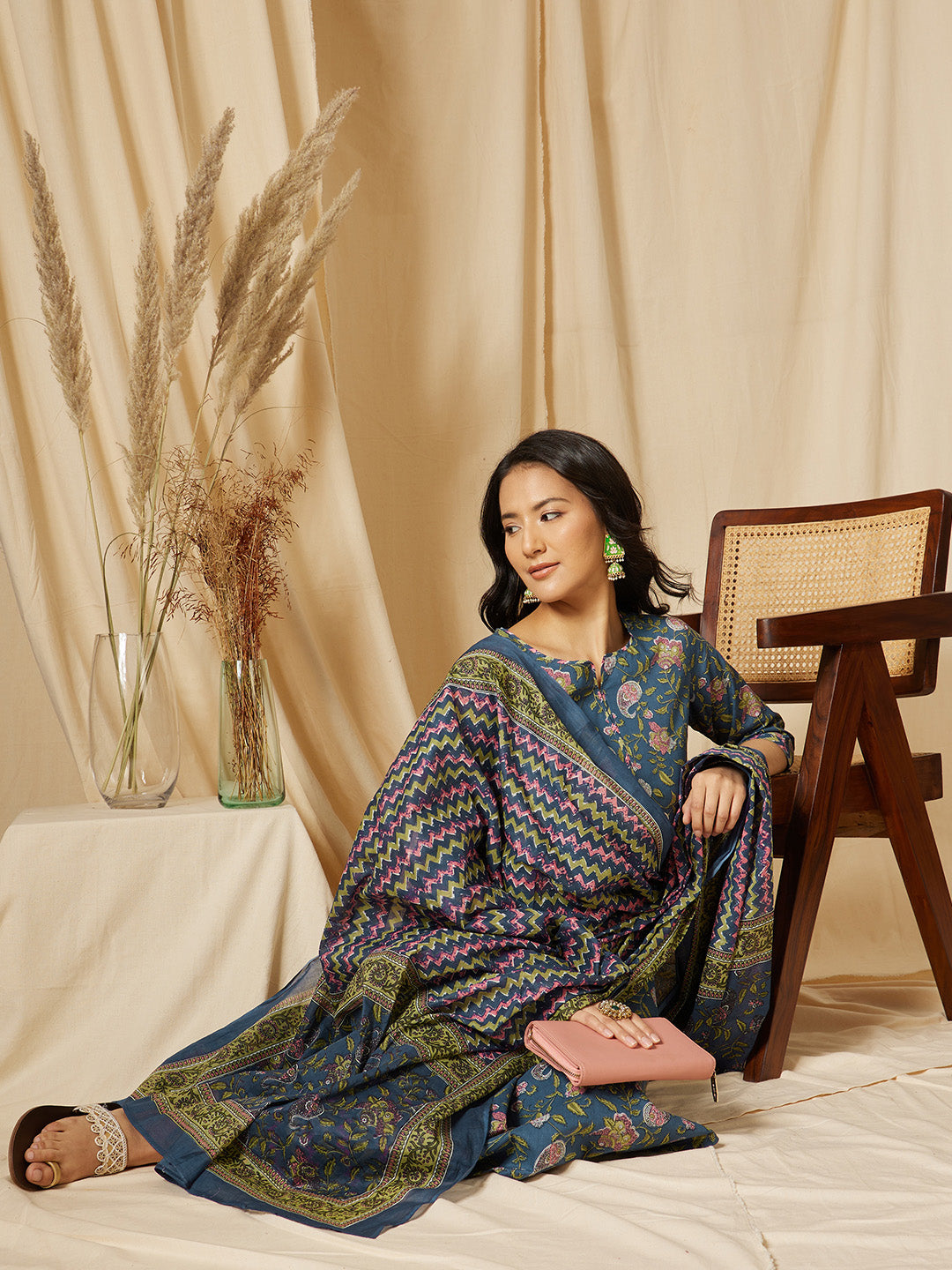 Blue Printed Straight Cotton Suit Set