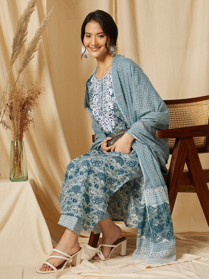 Grey Embroidered Floral Printed Cotton Suit Set