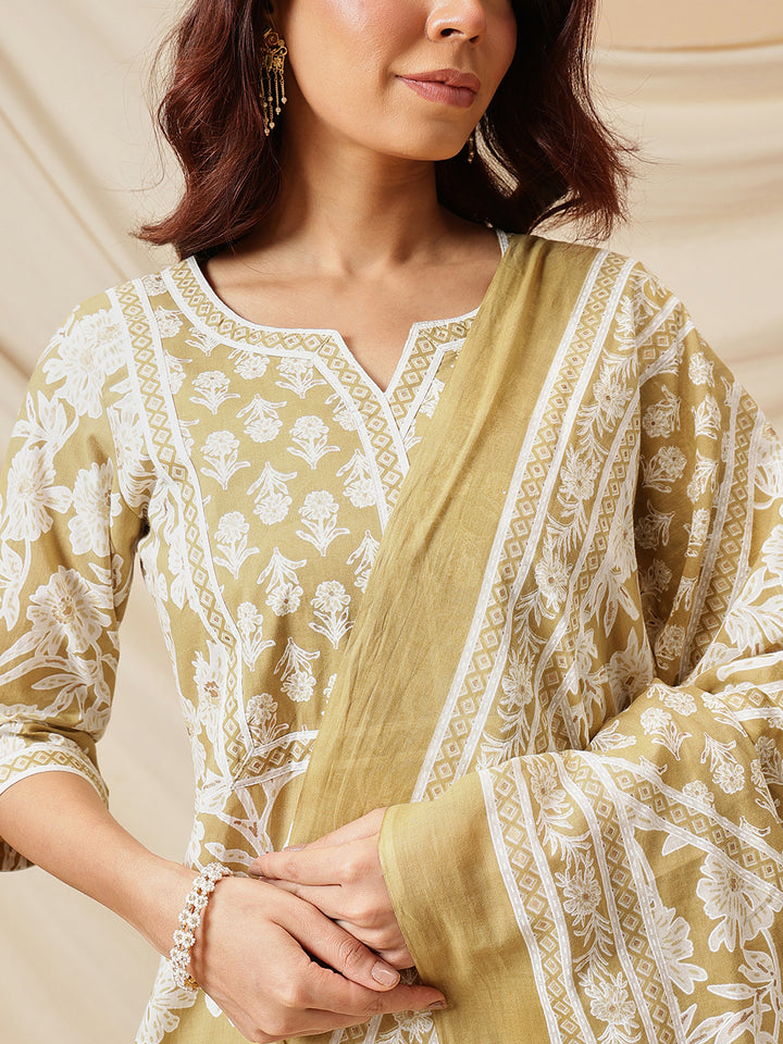 Mustard Floral Printed Cotton Suit Set