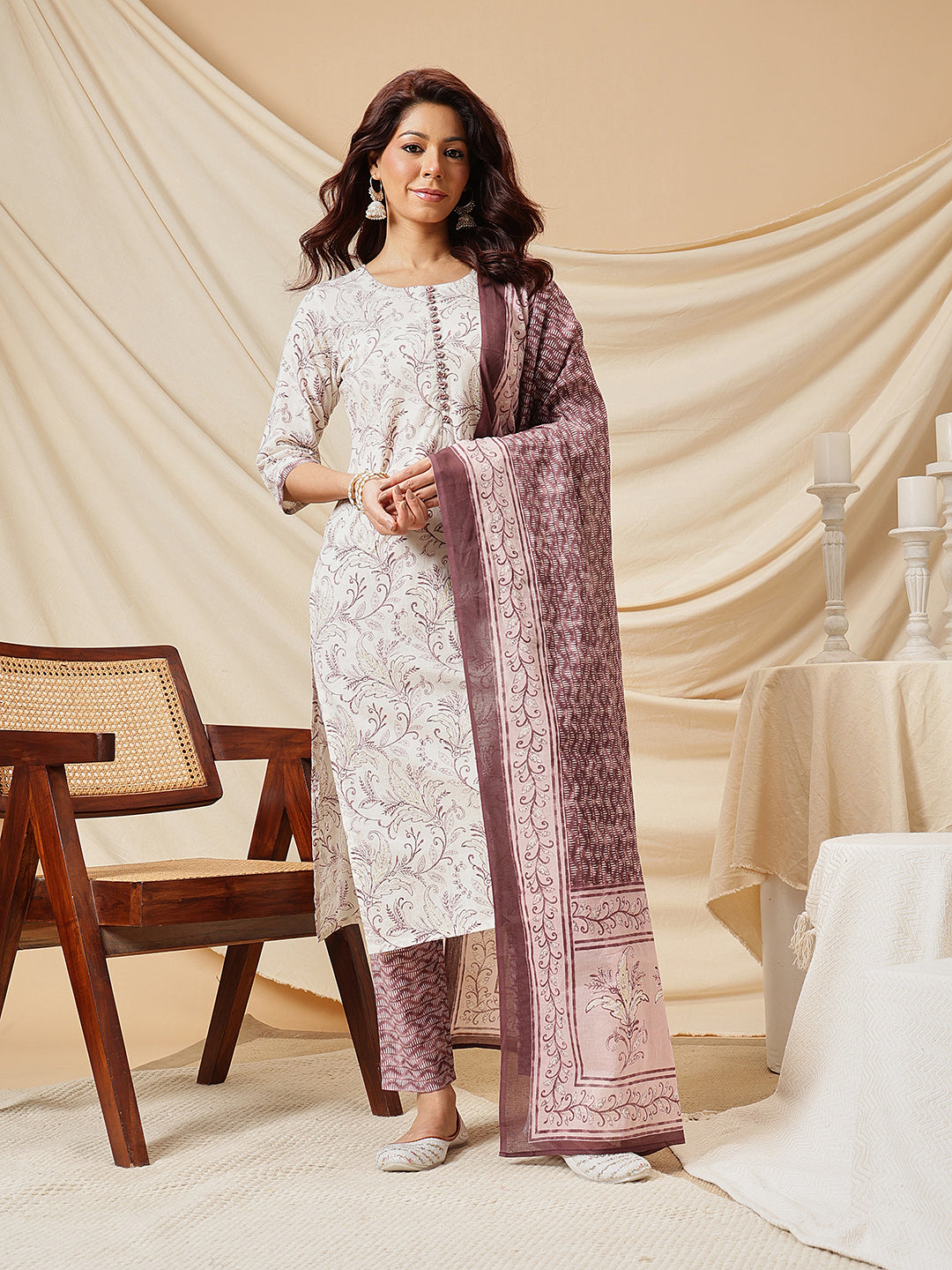 White Golden Floral Printed Cotton Suit Set