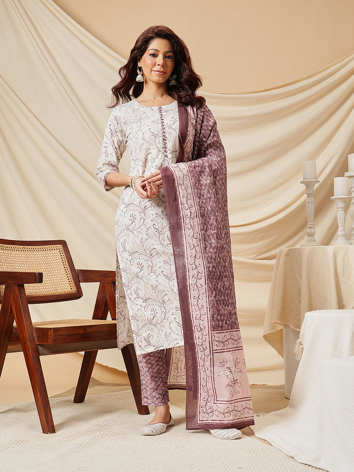 White Golden Floral Printed Cotton Suit Set