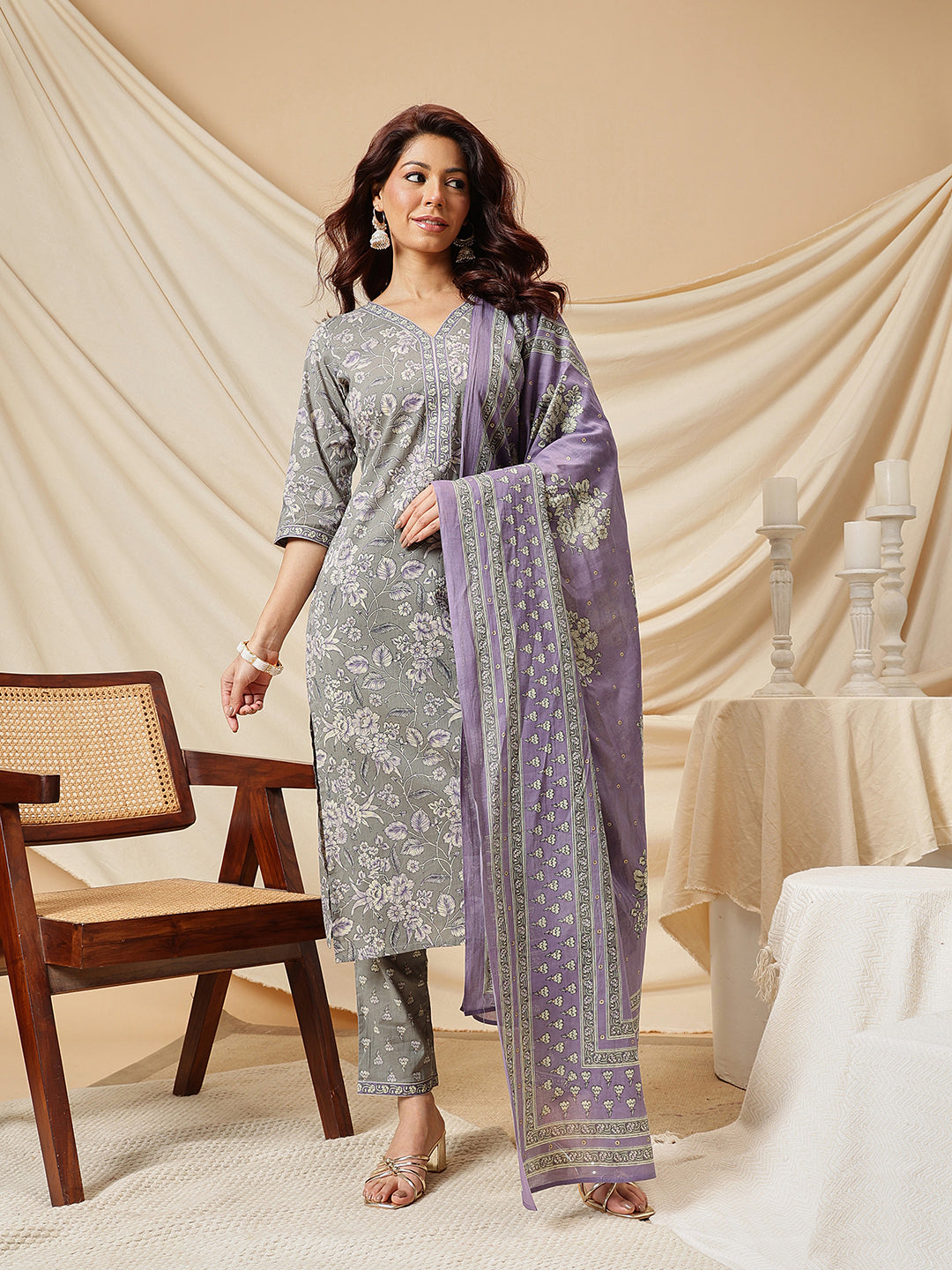 Grey Floral Printed Cotton Suit Set