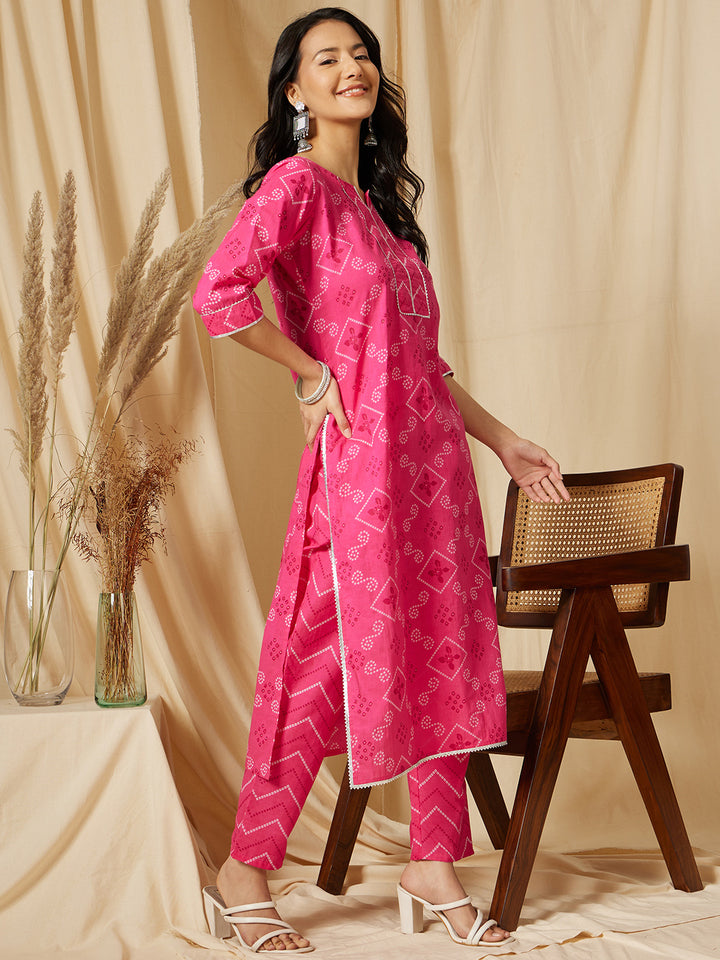 Fuchsia Pink Bandhni Printed Cotton Suit Set