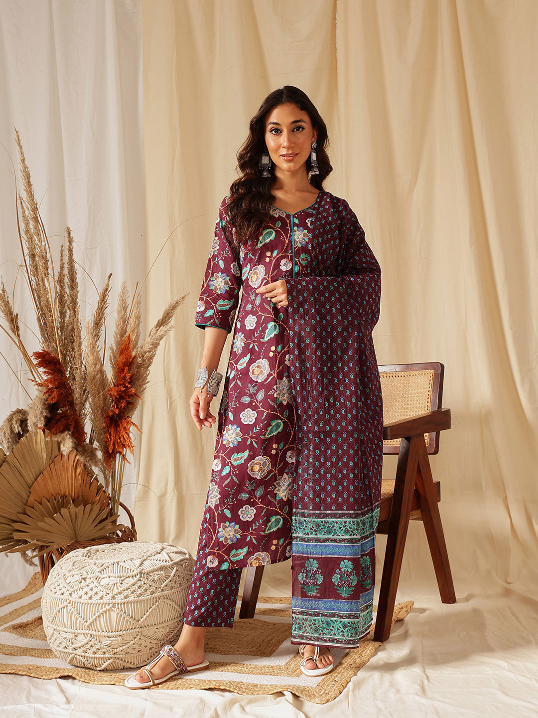 Maroon Floral Printed Cotton Suit Set