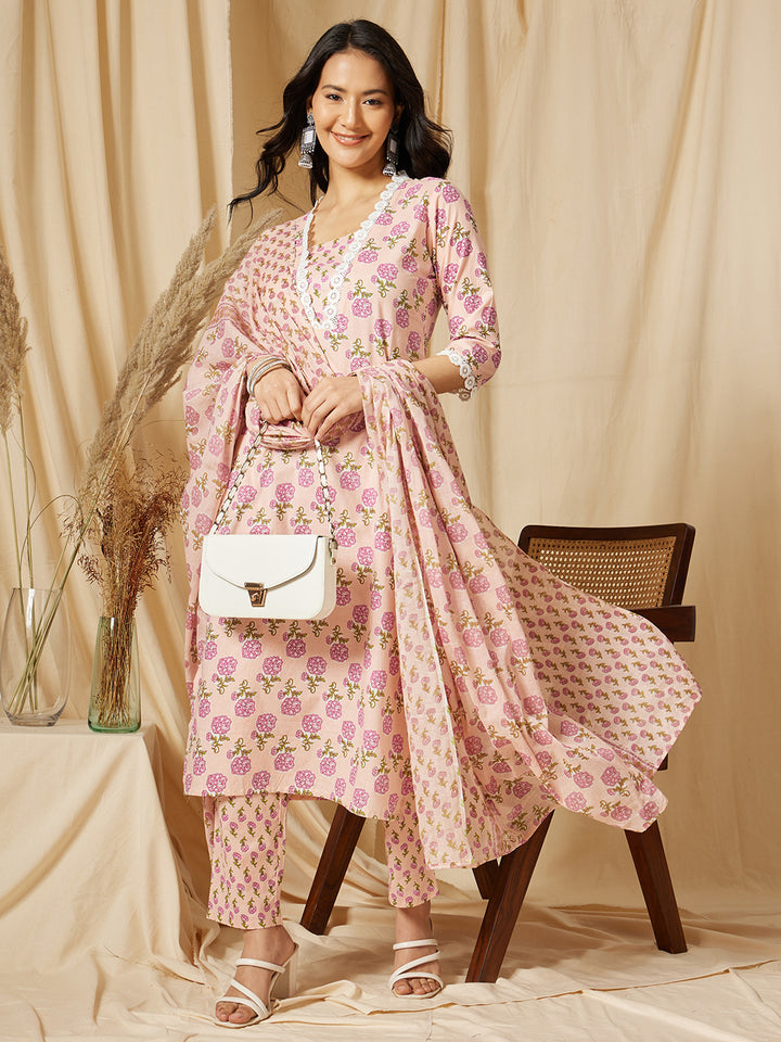 Pink Floral Printed Cotton Suit Set