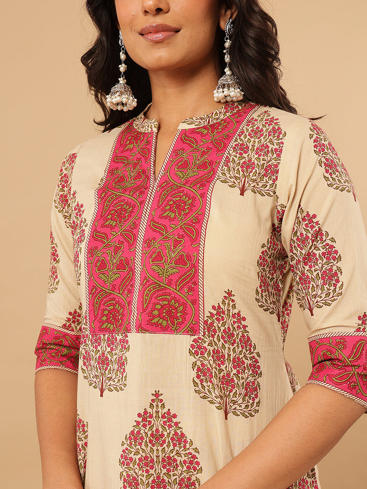 Magenta Floral Printed Cotton Suit Set