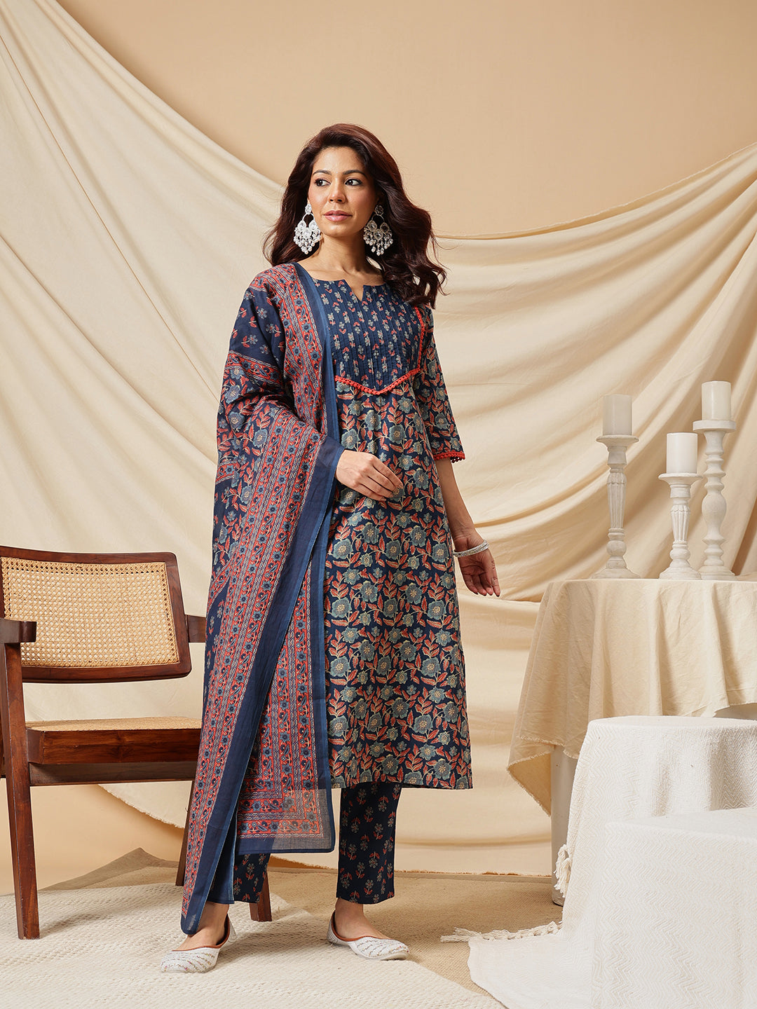 Navy Blue Floral Printed Cotton Suit Set