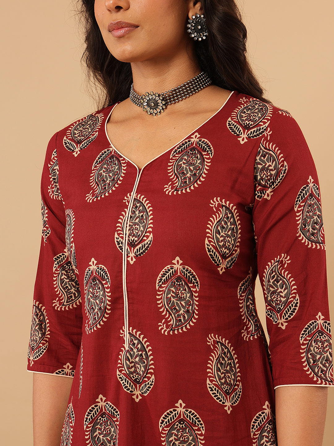 Maroon Ethnic Printed Cotton Suit Set