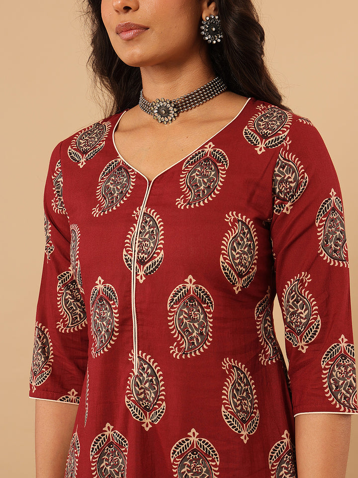 Maroon Ethnic Printed Cotton Suit Set