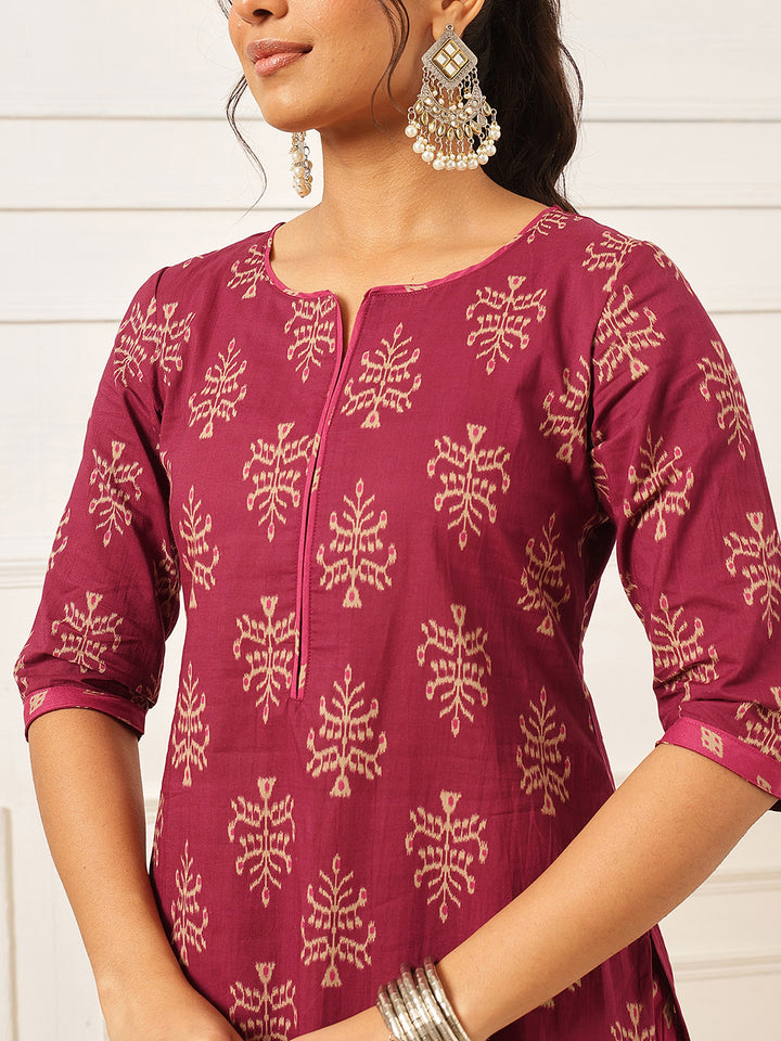 Pink Printed Straight Cotton Suit Set