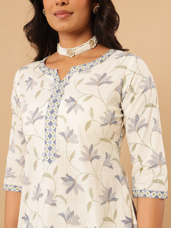 Blue Floral Printed Cotton Suit Set
