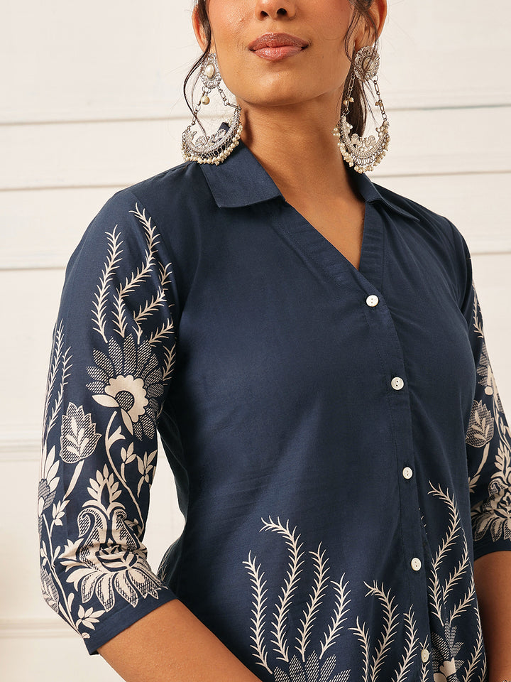 Floral Crest Cotton Co-Ord Set: Dark Sapphire