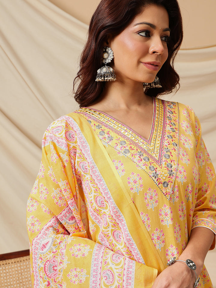 Yellow Embroidered Floral Printed Cotton Suit Set