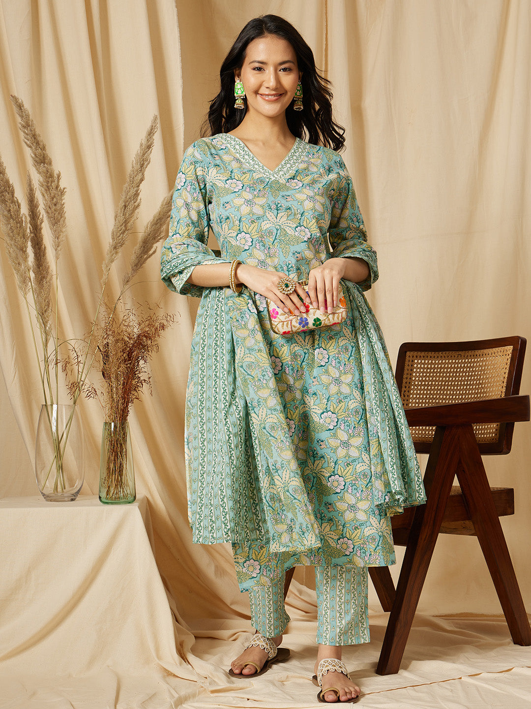 Blue and White Floral Printed Suit Set