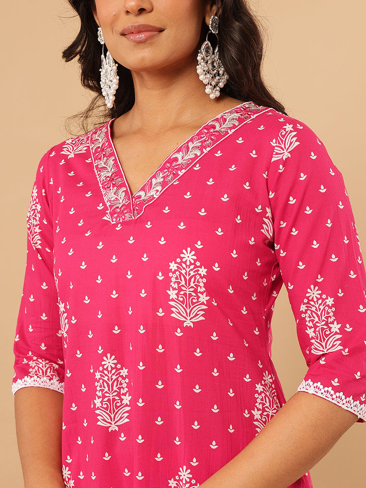 Pink Embroidered V-Neck Kurta Set
