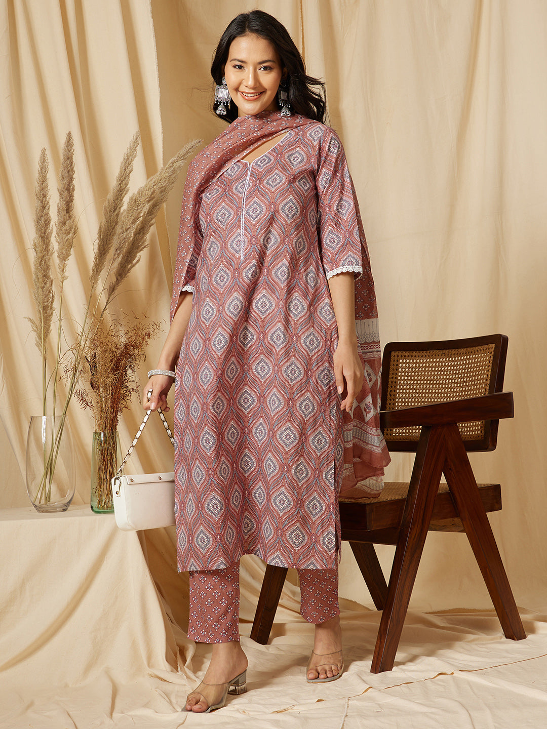 Brown Printed Cotton Suit Set