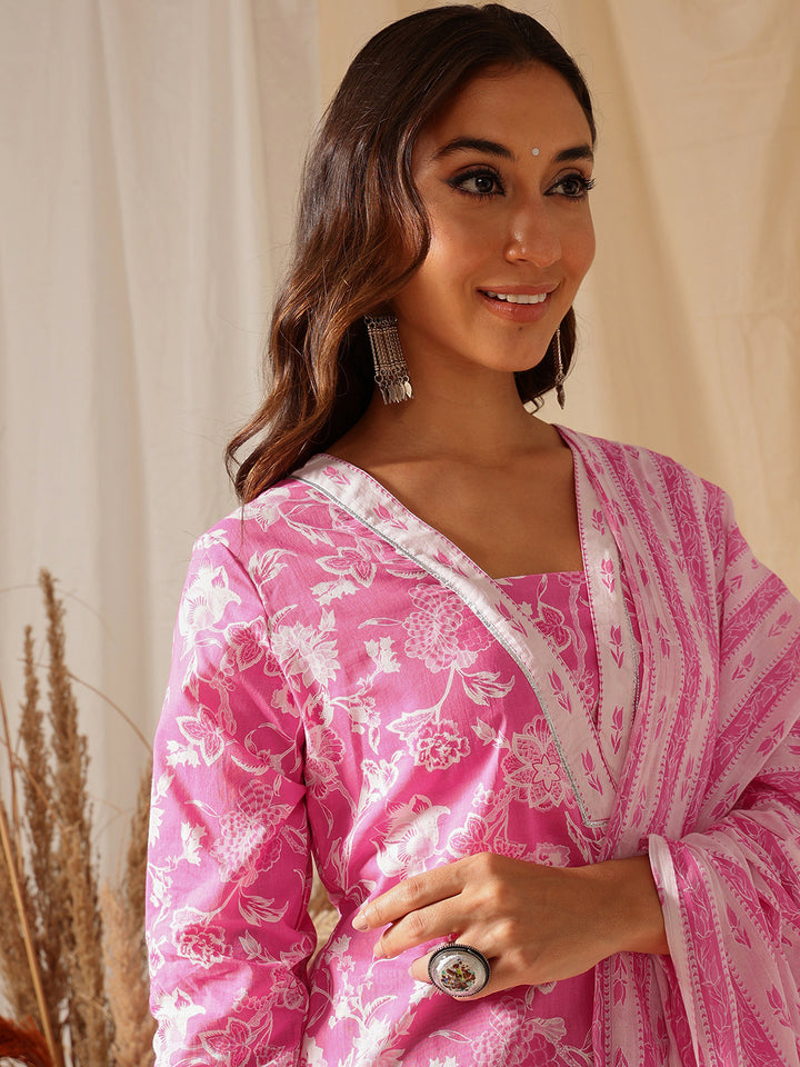 Pink Floral Printed Cotton Suit Set