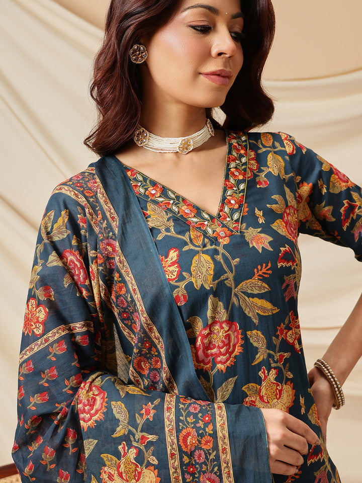 Navy Embroidered Floral Printed Cotton Suit Set