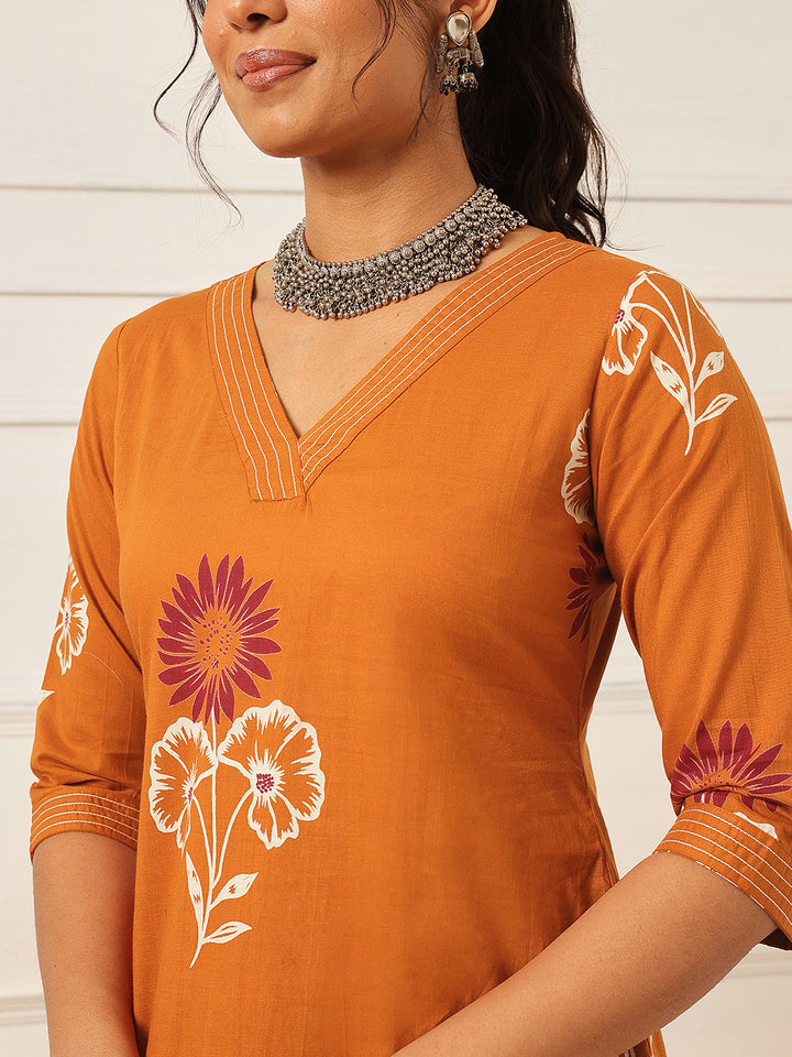 Rust Floral Printed Kurta Set