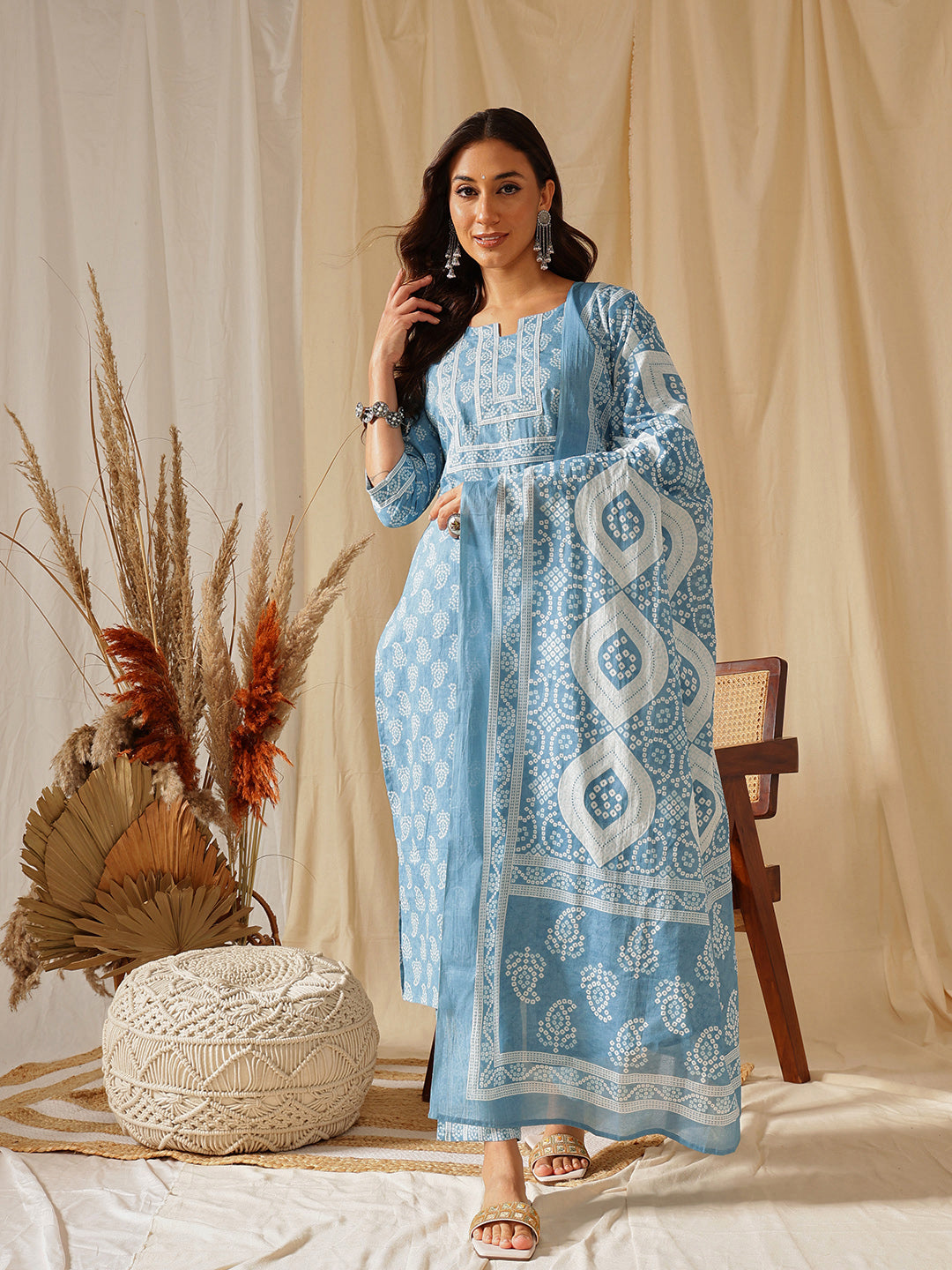 Blue Floral Printed Cotton Suit Set