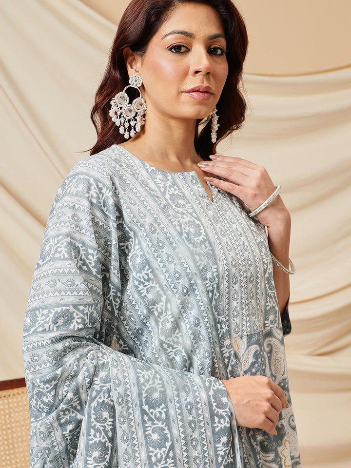 Grey Ethnic Motif Printed Cotton Suit Set