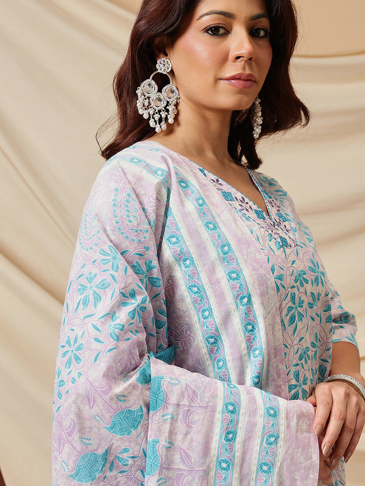 Blue Embroidered Floral Printed Cotton Suit Set