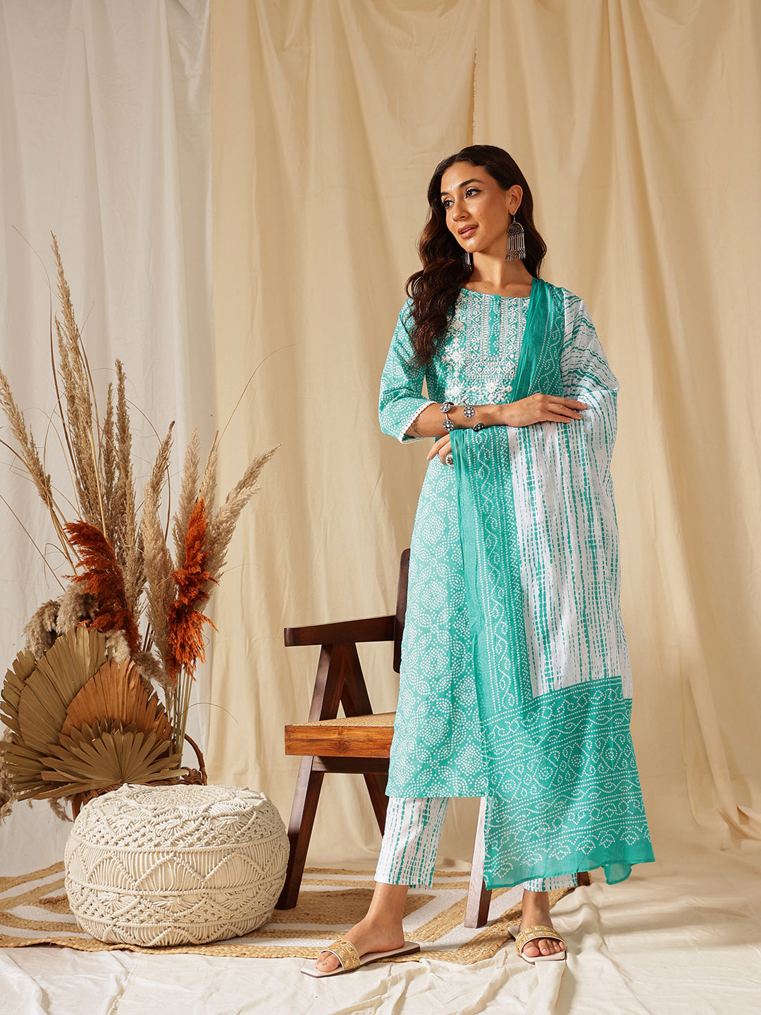 Blue Embroidered Bandhni Printed Cotton Suit Set