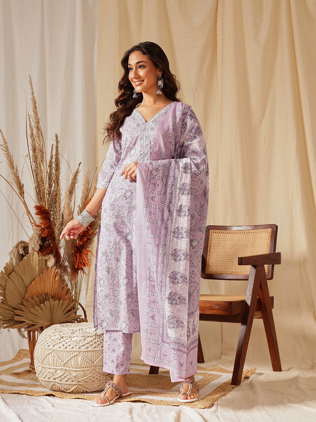 Purple Floral Printed Cotton Suit Set