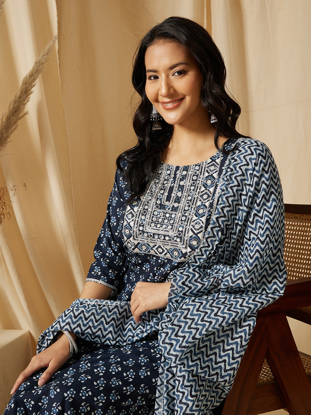 Navy Blue Embroidery Cotton Suit Set