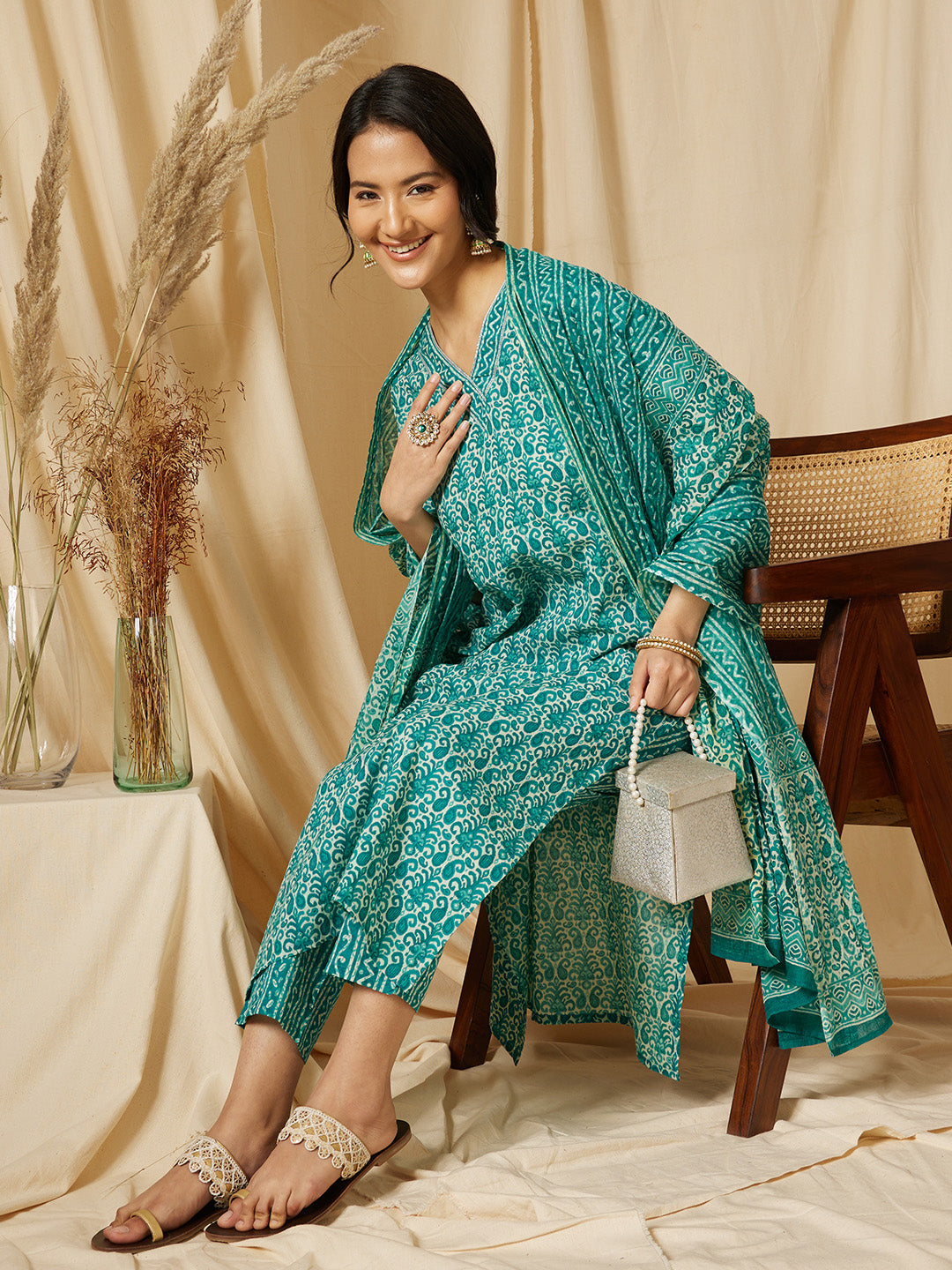 Blue Ethnic Motif Printed Cotton Suit Set