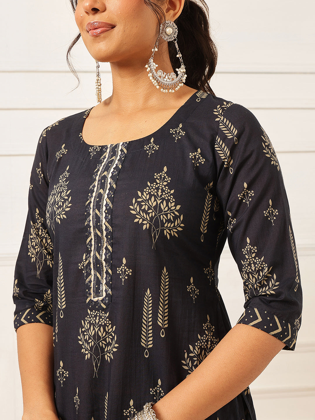 Navy Blue Embroidered Cotton Suit Set
