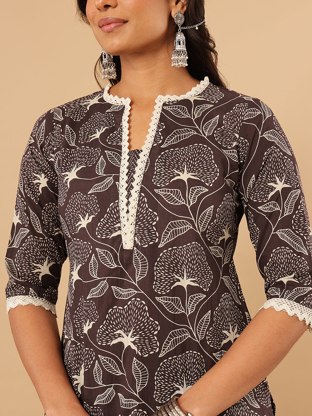 Brown Floral Printed Cotton Suit Set