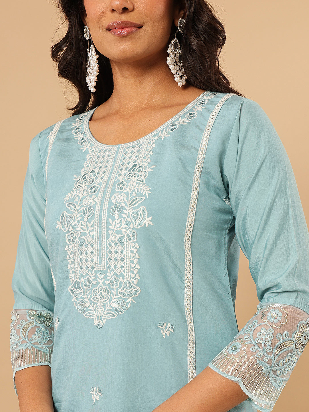 Blue Embroidered Silk Suit Set