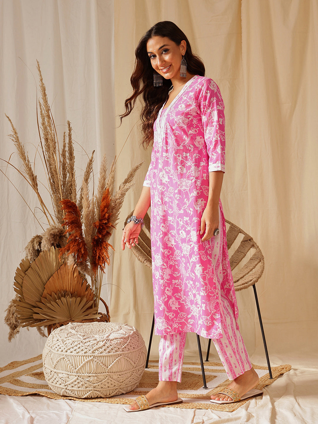 Pink Floral Printed Cotton Suit Set