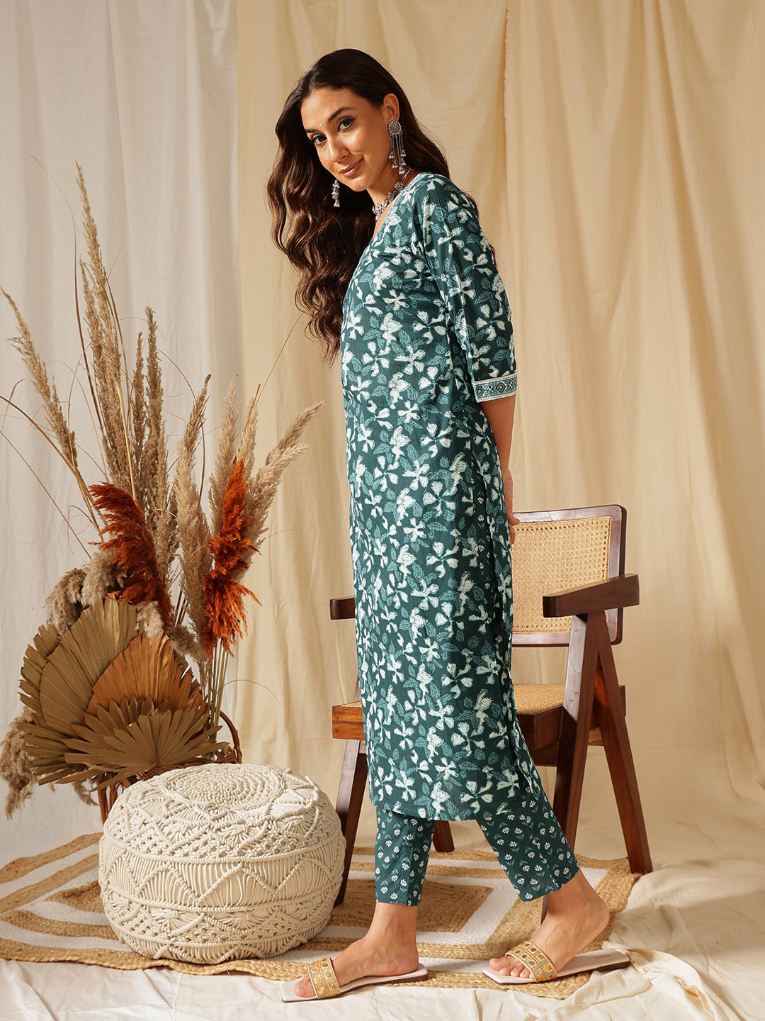 Sea Green Floral Printed Cotton Suit Set