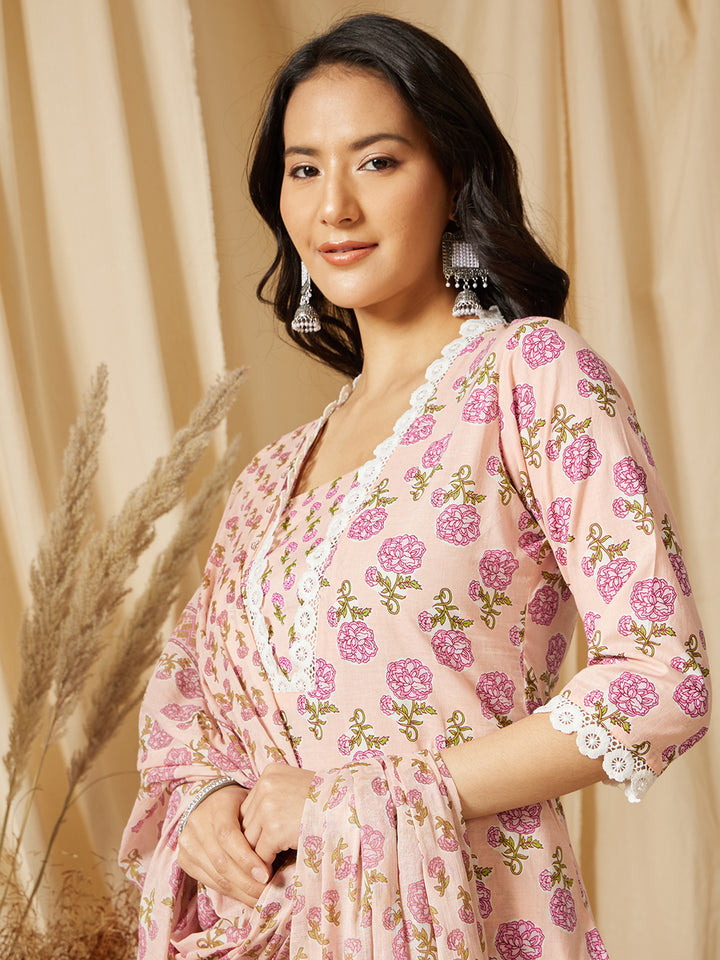 Pink Floral Printed Cotton Suit Set