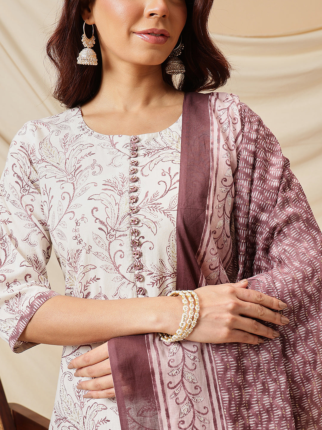 White Golden Floral Printed Cotton Suit Set