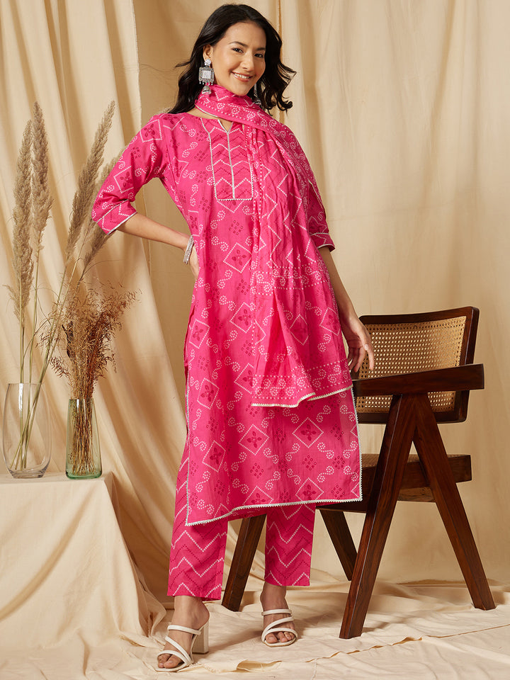 Fuchsia Pink Bandhni Printed Cotton Suit Set