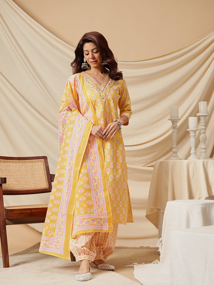 Yellow Embroidered Floral Printed Cotton Suit Set
